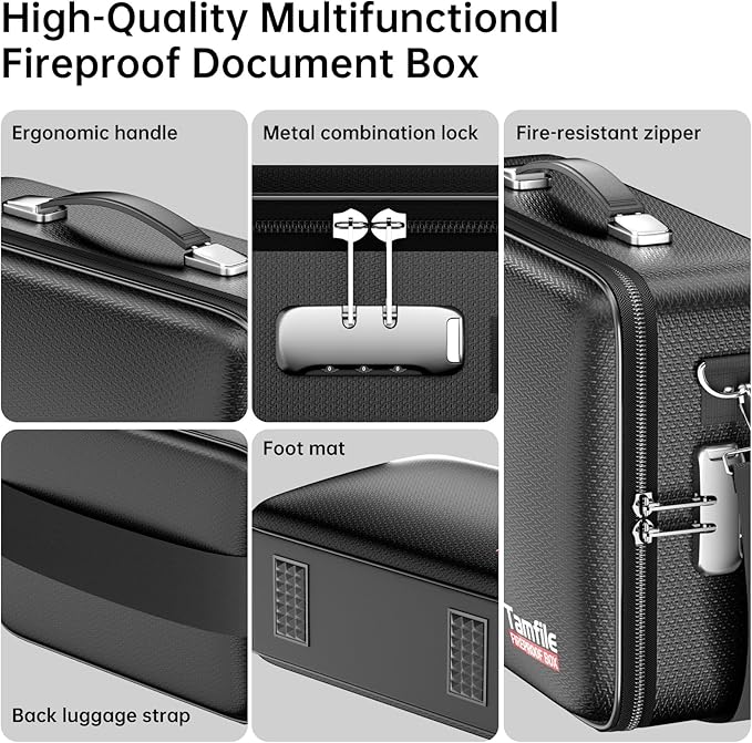 Tamfile Fireproof Document Box, Hard-Shell Design Case 5200°F Fireproof Water Safe File Box with Lock,8-Layer Fireproof Safe File Organizer for Important Documents、Valuables、Laptop、Passports (Black)