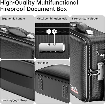 Tamfile Fireproof Document Box, Hard-Shell Design Case 5200°F Fireproof Water Safe File Box with Lock,8-Layer Fireproof Safe File Organizer for Important Documents、Valuables、Laptop、Passports (Black)