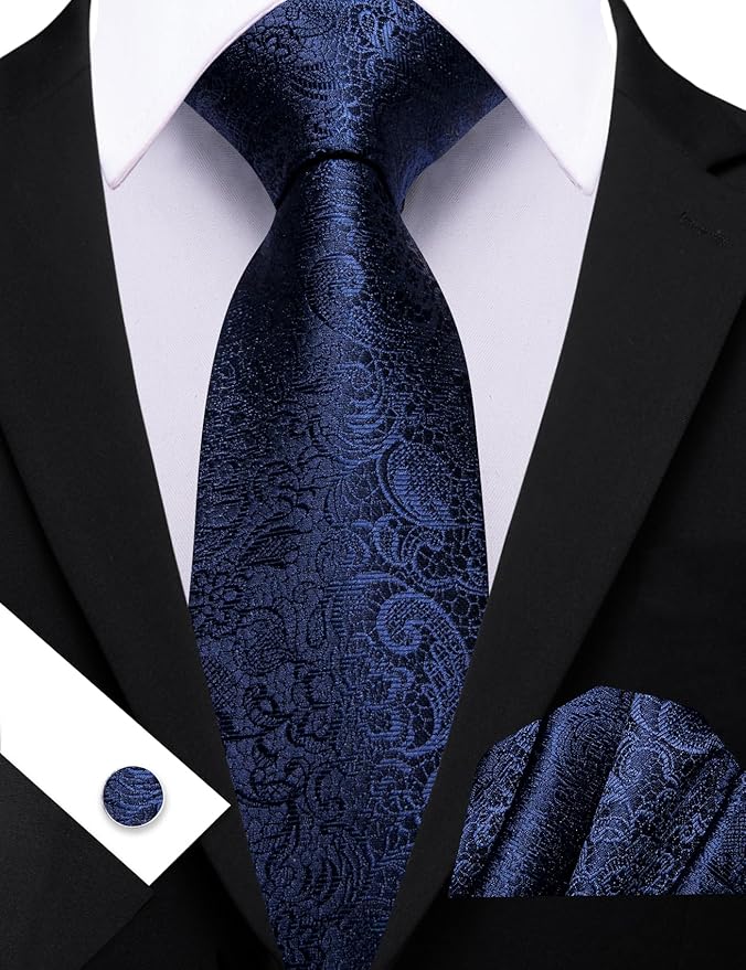 Barry.Wang Tie Sets for Men Silk Solid Necktie Stain Ties Handkerchief Pocket Square Cufflinks Wedding Business Dyed