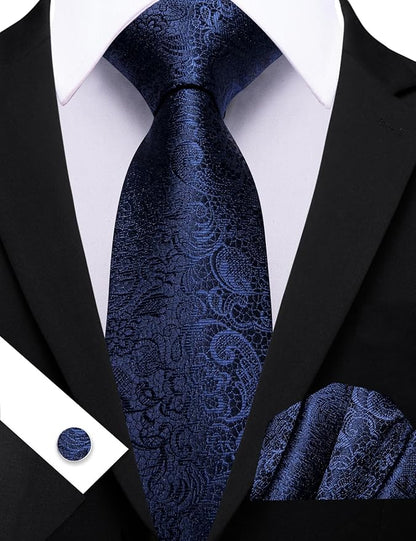 Barry.Wang Tie Sets for Men Silk Solid Necktie Stain Ties Handkerchief Pocket Square Cufflinks Wedding Business Dyed