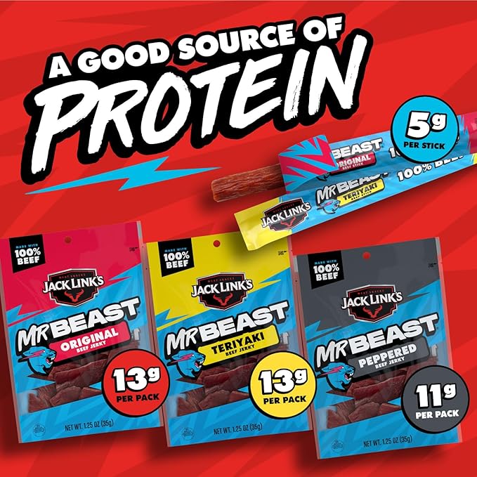 Jack Link’s x MrBeast Beast Beef Jerky Variety Box, 1.25oz Jerky Bags, 0.92oz Beast Sticks, Made with 100% Real Beef, Pantry-Ready, Kids Snacks