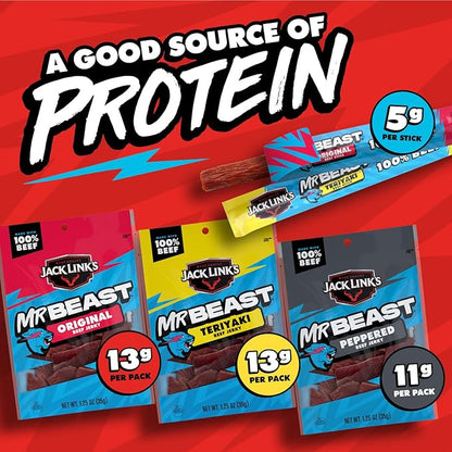 Jack Link’s x MrBeast Beast Beef Jerky Variety Box, 1.25oz Jerky Bags, 0.92oz Beast Sticks, Made with 100% Real Beef, Pantry-Ready, Kids Snacks