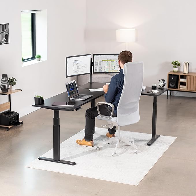 VIVO Electric 78 x 55 inch Square Corner Memory L Shaped Stand Up Desk, Black Table Top, Black Frame, Corner Height Adjustable Workstation, 3E-S Series, DESK-KIT-3E5SB
