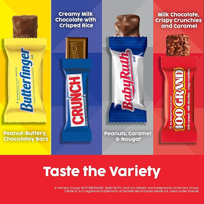 Butterfinger, CRUNCH, Baby Ruth, 100 Grand Fun Size Assorted Candy Bars, Great for Sharing, Bulk 60 Count Pack, 37.2 oz