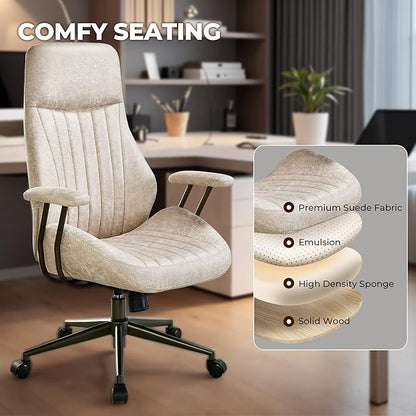 High Back Padded Headrest Office Chair, Suede Ergonomic Executive Office Chair with Lumbar Support, Adjustable Height Home Office Desk Chair with Armrests, Rolling Swivel Computer Gaming Chair, Beige