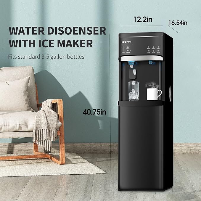 Self-Cleaning Hot and Cold Water Cooler Dispenser with Ice Maker Bottom Loading for 3 or 5 Gallon Bottle 22lbs Daily Capacity LED Display with Empty Bottle Alert Black