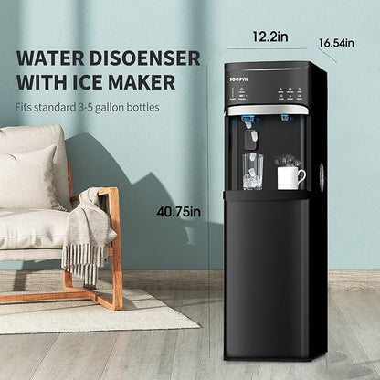 Self-Cleaning Hot and Cold Water Cooler Dispenser with Ice Maker Bottom Loading for 3 or 5 Gallon Bottle 22lbs Daily Capacity LED Display with Empty Bottle Alert Black
