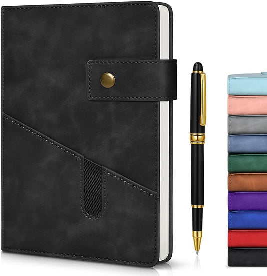 Black A5 Lined Leather Journal Notebook for Men Women,5.9" X 8.4" Personalized Hardcover Journal with Pen,200 Pages 100 Gsm Thick Ruled Paper Daily Diary for School,Travel,Work,Writing