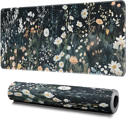 Flower Mouse Pad Abstract Black Mouse Pad 31.5x11.8 Inch Floral Texture Non-Slip Rubber Base Large Weeds Mousepad Stitched Edges Keyboard Mouse Mat Desk Pad for Office and Home