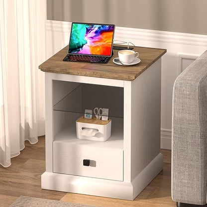 Rresyet LED End Table with Charging Station, White Nightstand with Drawer and Storage, Adjustable Shelf, Wooden Bedside Table for Bedroom & Living Room
