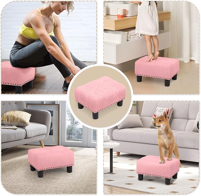 Athena Collection Small Ottoman Foot Rest with Legs, Linen Fabric Ottoman Foot Stool with Soft Padded seat, Square Footstool FootRest for Living Room, Bedroom, Office, Pink