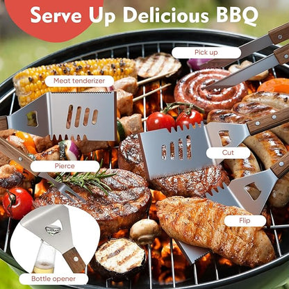 3 Pcs BBQ Grilling Accessories Set - Wooden Grilling Tools Set - BBQ Tongs Spatula Fork - Heavy Duty Stainless Steel Barbecue Grill Tools with Solid Hard Wood Handles Great Gift for Men