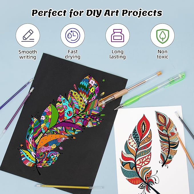 Gel Pens Ink Refills for Adult Coloring Book, 156 Pack Artist Colored Pens Refills with 40% More Ink, Glitter Gel Pens and Coloring Book, Perfect Art Supplies for Adults for Coloring