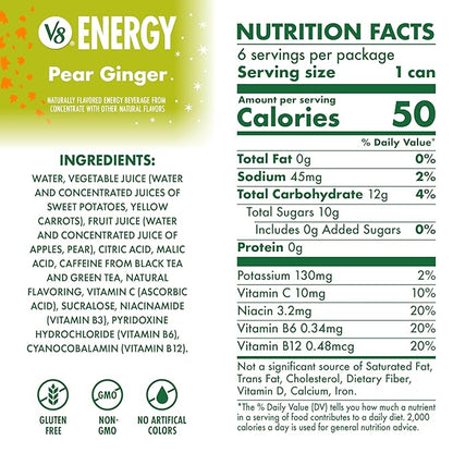 V8 Energy Pear Ginger Energy Drink, 8 fl oz Can (6 Pack)