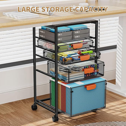 Marbrasse Rolling File Cart with 4 Storage Drawers, Mobile File Cabinet on Lockable Wheels, Hanging Filing Cabinet Organize, Under Desk Utility Cart for Home Office