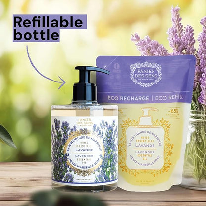 Panier des Sens - Moisturizing Hand Soap - Lavender Aromatic Fragrance - French Savon de Marseille Soap with Coconut Oil - Refillable Kitchen & Bathroom Soap - 16.9 Fl.oz Hand Wash 97% Natural