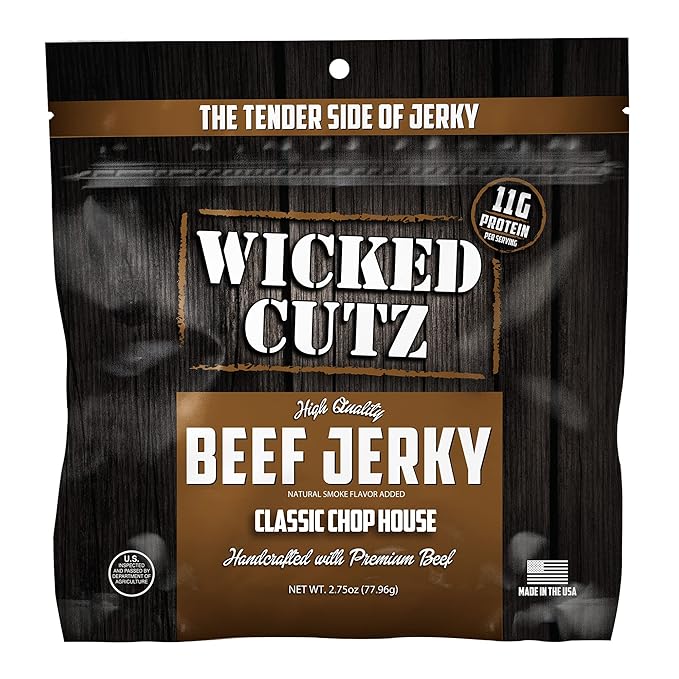 Wicked Cutz Classic Chop House Beef Jerky, 33g Protein Per Bag, Tender & Easy to Chew Alternative to Beef Sticks, USA Made High Protein Carnivore Snacks (2 Bags)