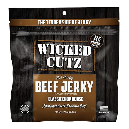 Wicked Cutz Classic Chop House Beef Jerky, 33g Protein Per Bag, Tender & Easy to Chew Alternative to Beef Sticks, USA Made High Protein Carnivore Snacks (2 Bags)