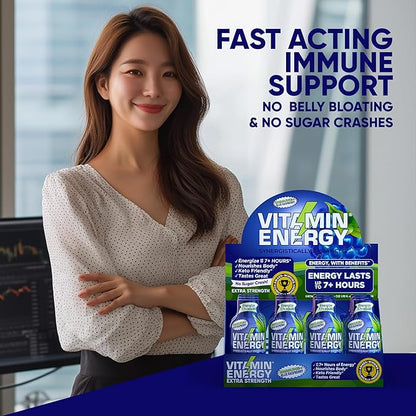 Vitamin Energy Immune+ Extra Strength Energy Shot Blue Raspberry 8 Pack, 260mg Natural Caffeine, B-Vitamins, Citicoline, Green Tea, Immunity & Focus Support, Zero Sugar, Gluten-Free 1.93 fl oz