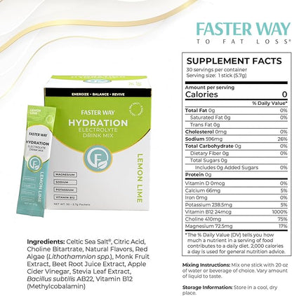 Faster Way - Hydration - Electrolyte Drink Mix - With Apple Cider Vinegar, Choline, Probiotics & Natural B Vitamins - Energize & Revive - Powder Packets - Zero Sugars -Gluten Free -Lemon Lime -30 Pack