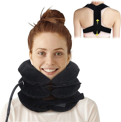 Cervical Neck Traction Device & Posture Corrector for Women and Men, Inflatable Neck Stretcher Brace for Decompression, Adjustable Upper Back Brace & Elastic Support (Carbon Black)