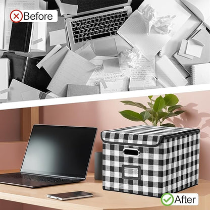 Collapsible File Box with Lid & Plastic Slide - Hanging Document Organizer for Office/Home, 14.96x12.6x10.83 Inch,Black and White Lattice, 2 Pack (No Folders Included)