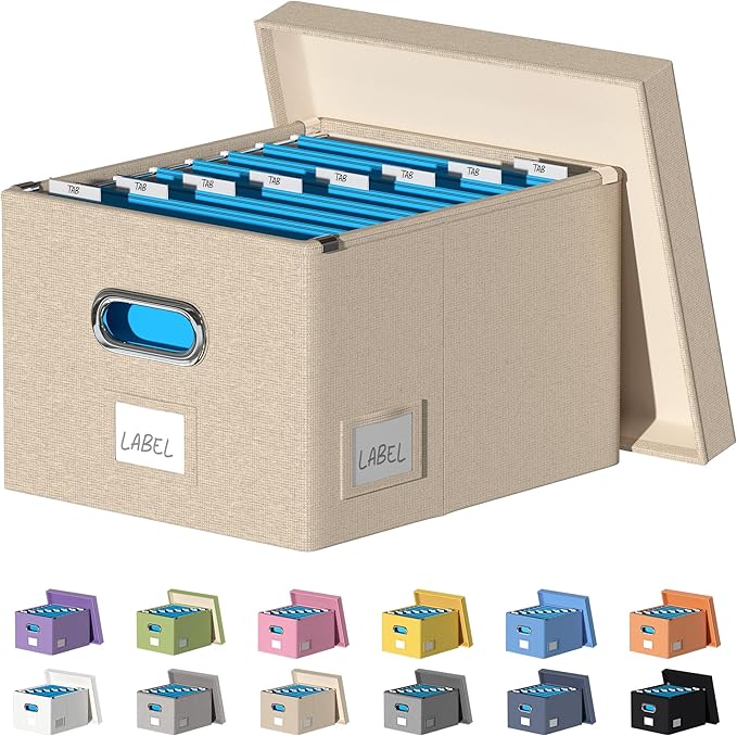File Organizer Collapsible Storage Box for Office File Box with Lids Document Organizer for Office and Home Easy Slide Durable Hanging File Box (Beige)