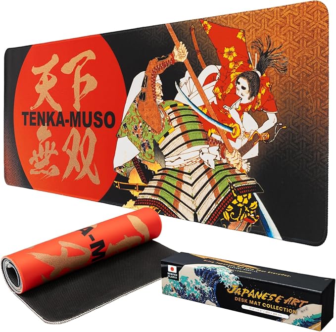 BELLEMOND Japanese Art Desk Mat | Large 31.5x11.8in Desk Pad | Mouse Pad for Keyboard & Mouse | Non-Slip Base, Water-Repellent, Smooth Precision | Tenka Muso - The Unrivaled Warrior