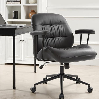IWMH Home Office Chair, PU Leather Ergonomic Desk Chair with Armrests, Mid-Century Modern Executive Task Chairs, Height Adjustable (Black)