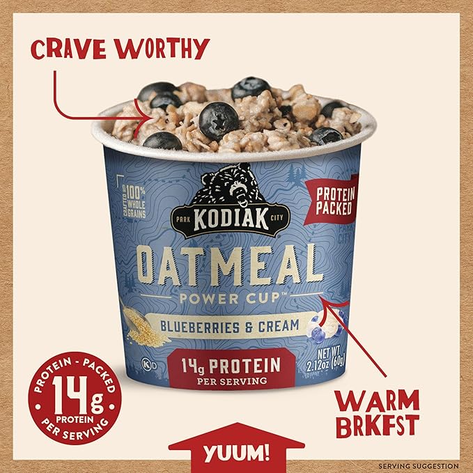 Kodiak Instant Oatmeal Cups, Blueberries & Cream, High Protein, 100% Whole Grains, (12 cups)