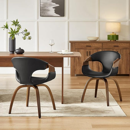 Art Leon Desk Chair No Wheels, Mid Century Modern Office Chair, Faux Leather Upholstered Swive Chair with Wood Legs for Living Room Bedroom, Walnut Bentwood, Black/Walnut