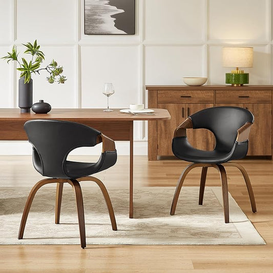 Art Leon Desk Chair No Wheels Set of 2, Mid Century Modern Office Chair, Faux Leather Upholstered Swive Chair with Wood Legs for Living Room Bedroom, Walnut Bentwood, Black/Walnut