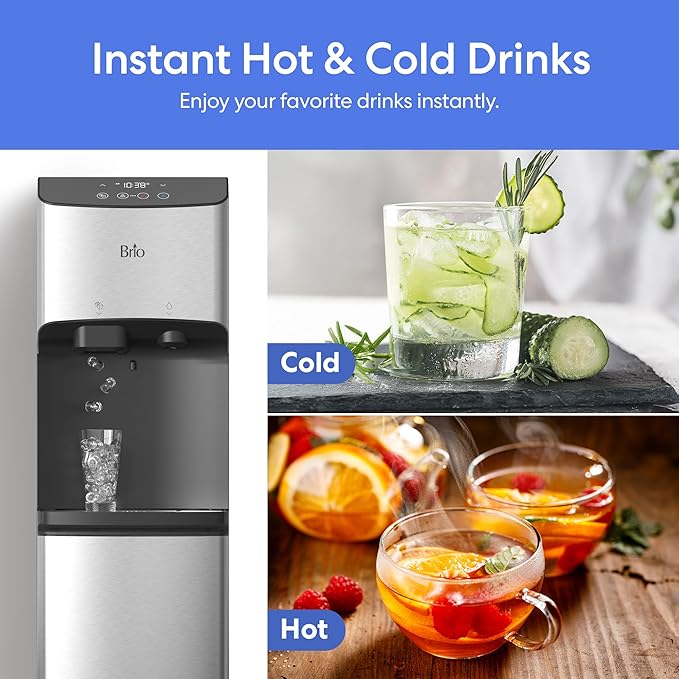 Brio 520 Water Dispenser for 5 Gallon Bottle with Ice Maker Bottom Load | UV Self Cleaning Technology, LED Touch Display with Digital Clock, Night Light, Child Safety Lock | 2X Fast Dispense