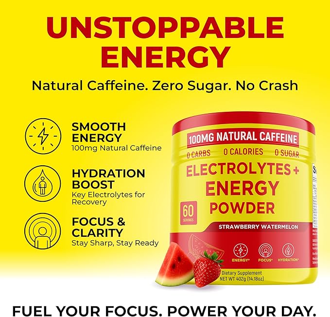Keto Vitals Energy Powder + Electrolytes with 100mg Natural Caffeine, L Theanine & Organic Lion's Mane Extract - 60 Servings Energy Drink Powder for Workouts - Sugar Free Electrolytes