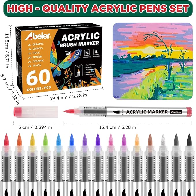 60 Colors Acrylic Paint Markers,Soft Brush Tip Paint Pens with Automatic Ink Control System,Quick Dry Waterproof Acrylic Paint Pens for Pumpkin,Wood,Metal,Fabric,Rock Painting with DIY Crafts
