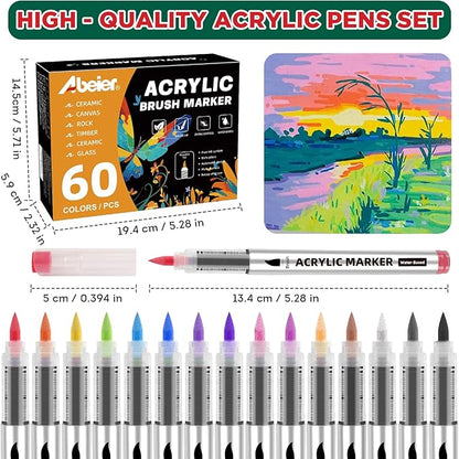 60 Colors Acrylic Paint Markers,Soft Brush Tip Paint Pens with Automatic Ink Control System,Quick Dry Waterproof Acrylic Paint Pens for Pumpkin,Wood,Metal,Fabric,Rock Painting with DIY Crafts