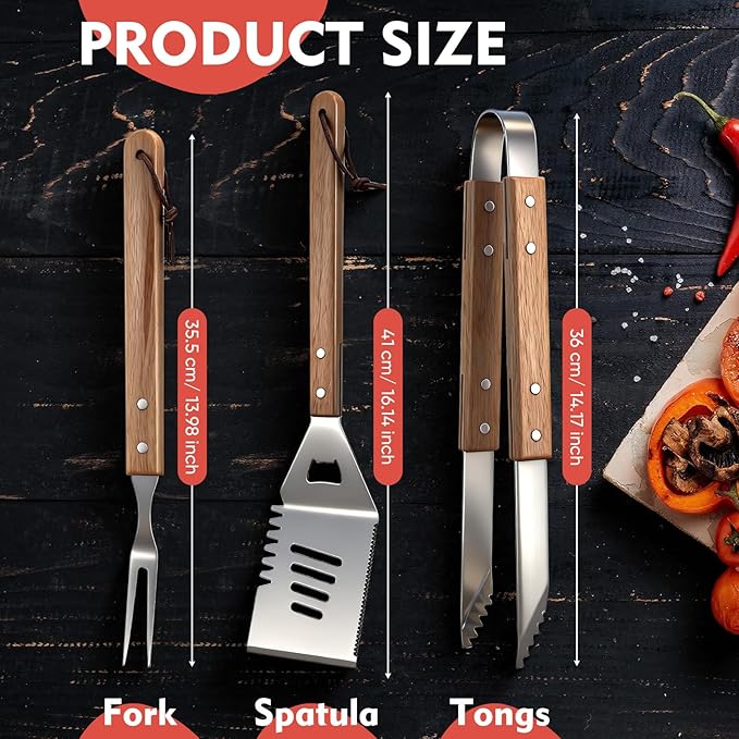 3 Pcs BBQ Grilling Accessories Set - Wooden Grilling Tools Set - BBQ Tongs Spatula Fork - Heavy Duty Stainless Steel Barbecue Grill Tools with Solid Hard Wood Handles Great Gift for Men