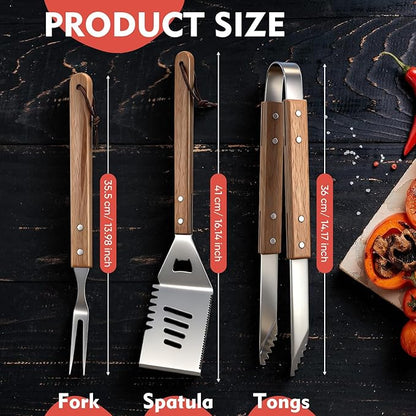 3 Pcs BBQ Grilling Accessories Set - Wooden Grilling Tools Set - BBQ Tongs Spatula Fork - Heavy Duty Stainless Steel Barbecue Grill Tools with Solid Hard Wood Handles Great Gift for Men