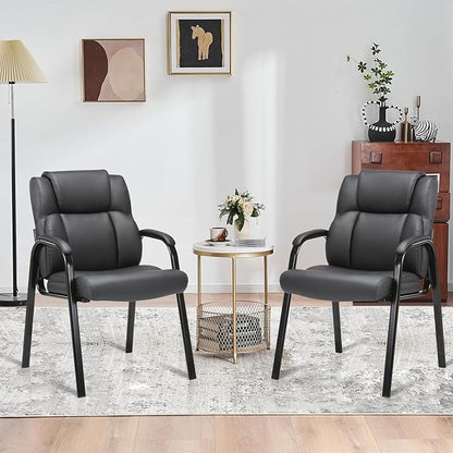 CLATINA Black Guest Chair with Arms, Office Reception Chairs for Conference and Waiting Room, Ergonomic Leather Visitor Desk Chair No Wheels Side Office Home Chairs, 2PK