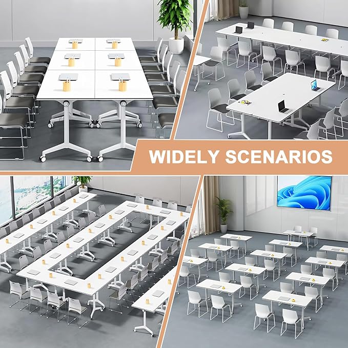 Folding Conference Table,Movable Conference Room Table with Wheels,White Wood Rectangular Conference Table with Modern Business Style,Modular Meeting Training Tables for Office Classroom(4,70.8'')