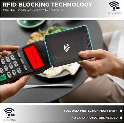 Real Leather Mens Trifold Wallet RFID Blocking Slim Minimalist Front Pocket - Thin & Stylish with ID Window in Gift Box