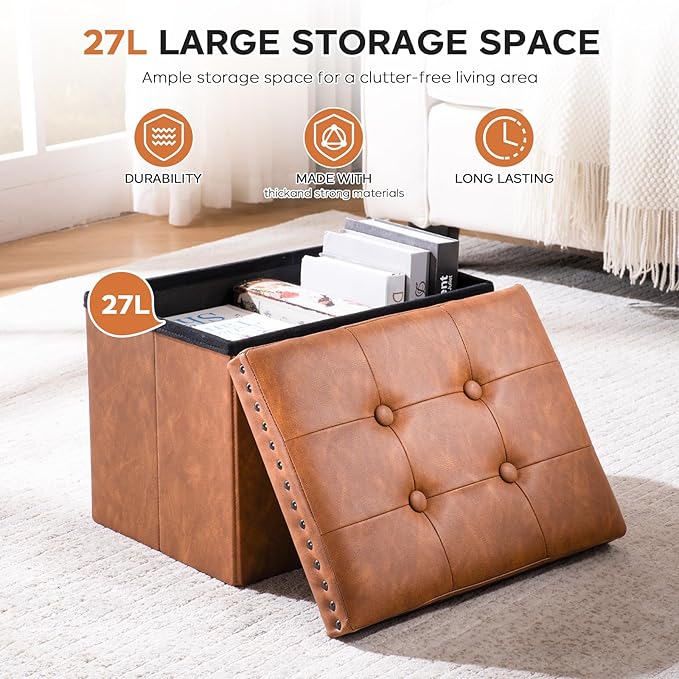Folding Storage Ottoman 16in, Small Faux Leather Foot Rest Stool with Button Tufted Rivet Design, Footstool Bench, Ottoman with Storage for Living Room Bedroom Coffee Table 242 lbs, Brown