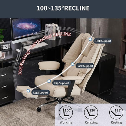 Big and Tall Office Chair 400lbs Wide Seat, Leather High Back Executive Office Chair with Foot Rest, Ergonomic Chairs Lumbar Support for Lower Back Pain Relief (Beige)
