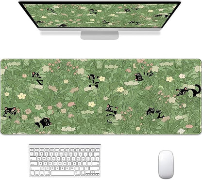 Gaming Mouse Pad XXL Extended Anime Mouse Pad 31.5x11.8 inch, Large Cute Kawaii Big Computer Mouse Mat Desk Pad with Non-Slip Rubber Base and Stitched Edge for Home Office-Cat in Grass