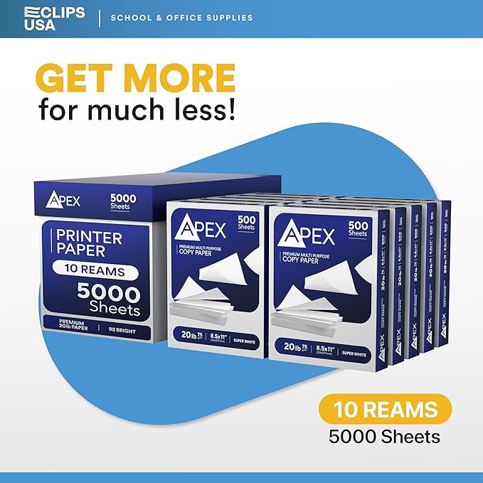 Copy Paper Printer Paper 20lb Multipurpose Printer Paper 8.5 x 11 White 92 Bright White Paper Office Supplies 500 Sheets Per Ream (10 Reams Case 5000 Sheets)