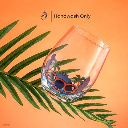 JoyJolt Disney Stitch Silly Sips Stemless Drinking Glasses, 19oz Teardrop Glass Cups, Glass Tumbler Cup Set of 4, Stitch Stuff, Lilo and Stitch Gifts, Disney Gifts for Adults