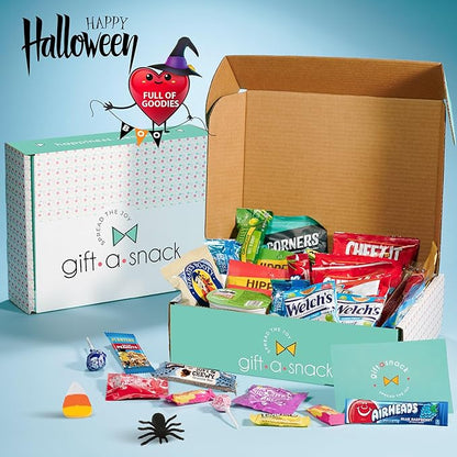 Gift A Snack - Halloween Candies Trick or Treats, Snack Box Care Package + Greeting Card (45 Count) Sweet Treats Gift Basket, Corn Candy Scary Spiders Stuffers Chips - Food Assortments