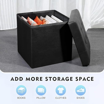 B FSOBEIIALEO Storage Ottoman Small Cube, Foot Rest Seat Faux Leather Dorm Room Ottoman Black 12.6"X12.6"X12.6" (2 Pack)
