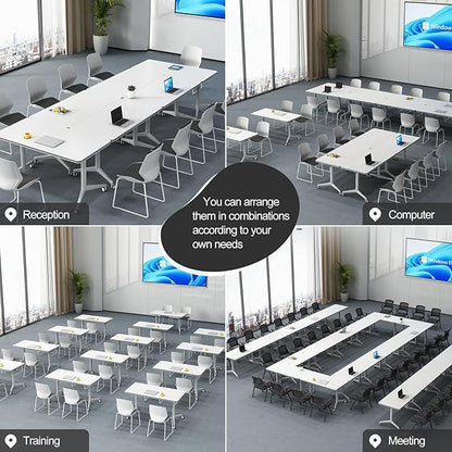 Folding Conference Table Modern Large Mobile Meeting Table Rolling Conference Room Tables with Wheels Seminar Tables for Office Training Classroom (4, White, 63" D X 19.7" W X 29.5" H)