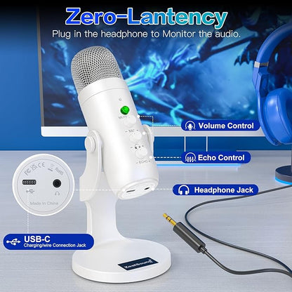 ZealSound Wireless Microphone,USB Mic for iPhone PC iPad Android Phone-Cordless Condenser Desktop Microphones with Mute Echo Monitor Volume Gain 2.4GHz for Podcast,ASMR,Gaming,YouTube Video/K66 White